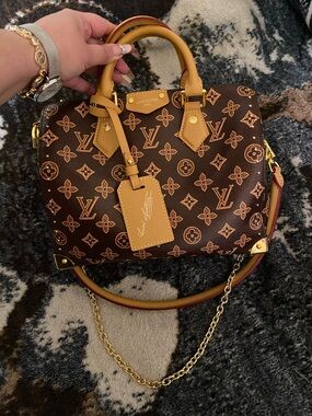Louis Vuitton Brown Monogram Satchel with Tan Trim and Gold Hardware